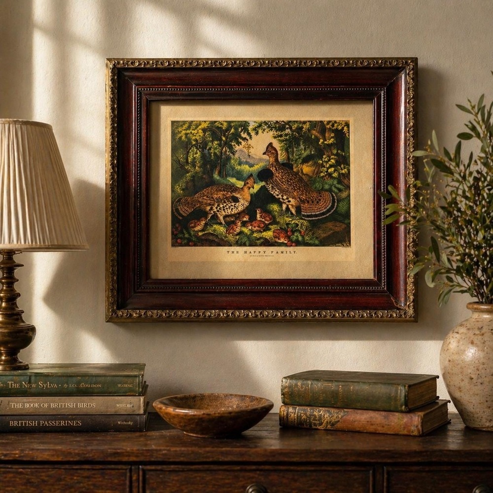 Currier & Ives "Happy Family" Ruffed Grouse Framed Print - Vintage Bird Wall Art